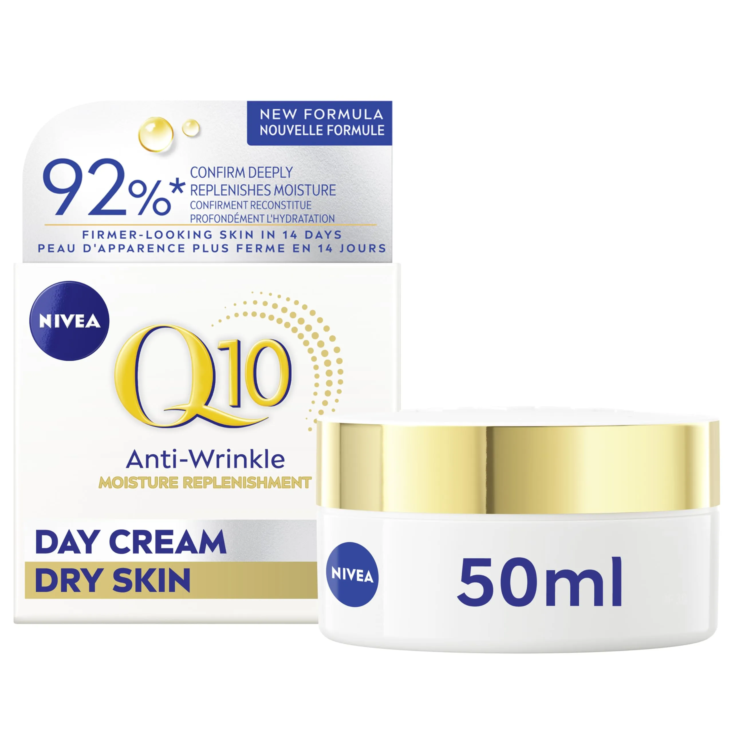 NIVEA Q10 Power Anti-Wrinkle Moisture Replenishment Day Face Cream, Anti Wrinkle Firming Cream, Q10 and Argan Oil, Face Moisturizer for Dry to Very Dry Skin, Visibly Reduces the Look of Wrinkles, 50mL