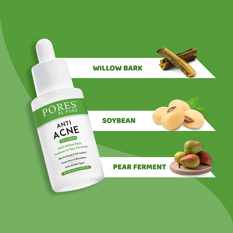 PORES Be Pure Anti Acne Face Serum With Willow Bark, Soybean & Pear Ferment 30ml