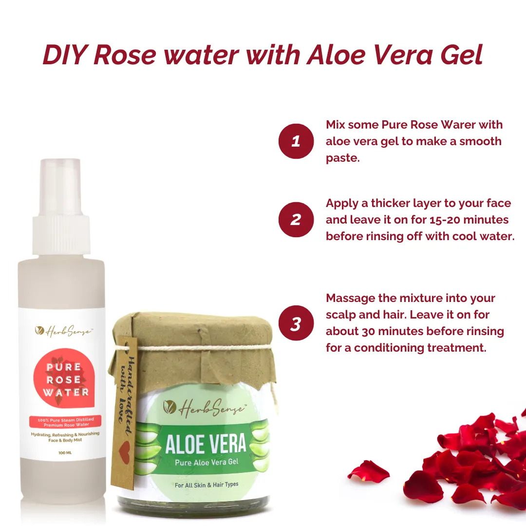 Pure Rose Water & Aloe Vera Gel Combo Pack, Hydrating & Refreshing Skin Care Combo,  Face Toner Mist, Aloe Gel 180gm   Rose Water 100ml