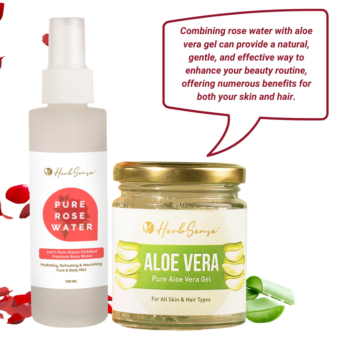 Pure Rose Water & Aloe Vera Gel Combo Pack, Hydrating & Refreshing Skin Care Combo,  Face Toner Mist, Aloe Gel 180gm   Rose Water 100ml