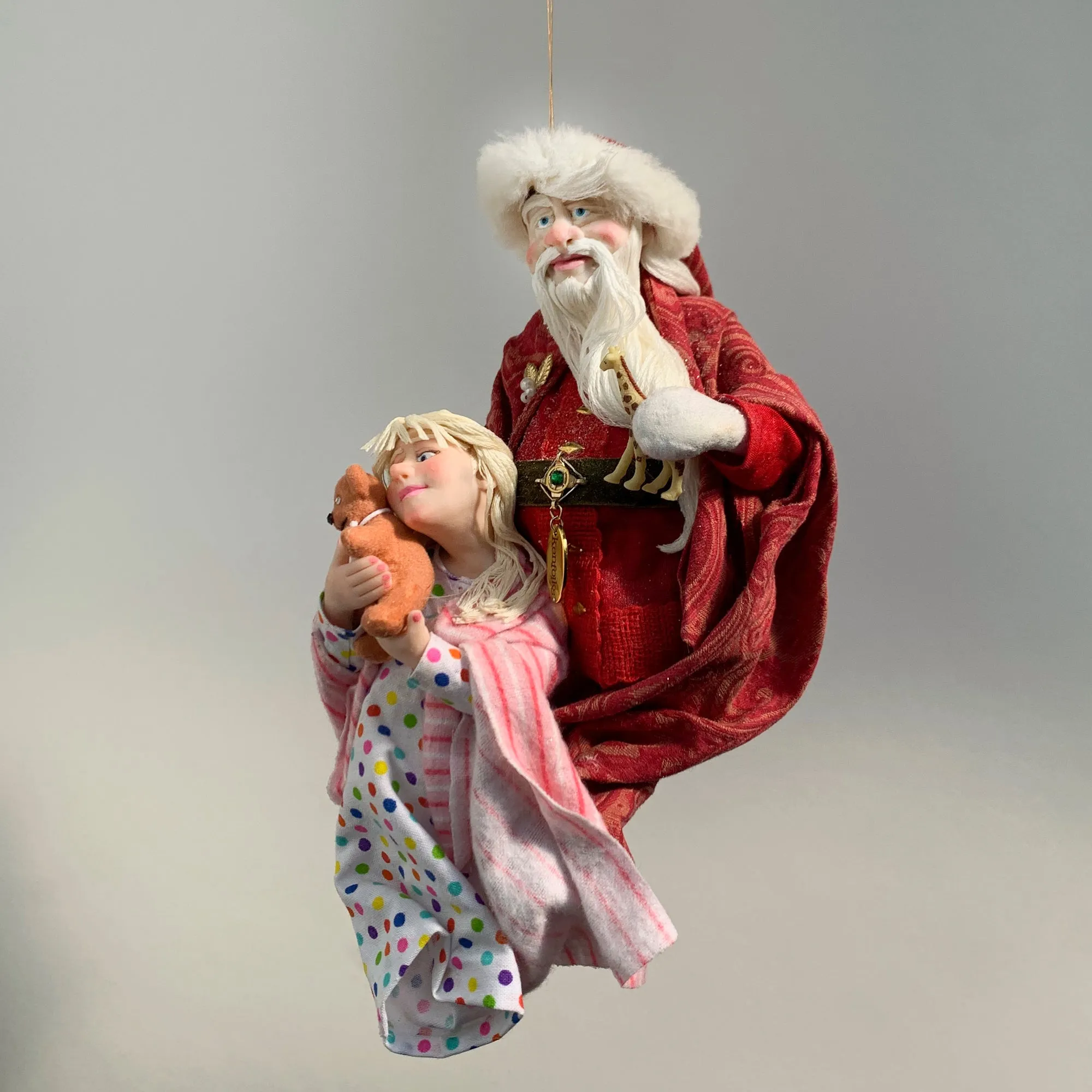 Santa Claus - Gifts for children- Hanging tree ornament - Handcrafted - Collectable Christmas Art - stuffed teddy bear - toy animals -