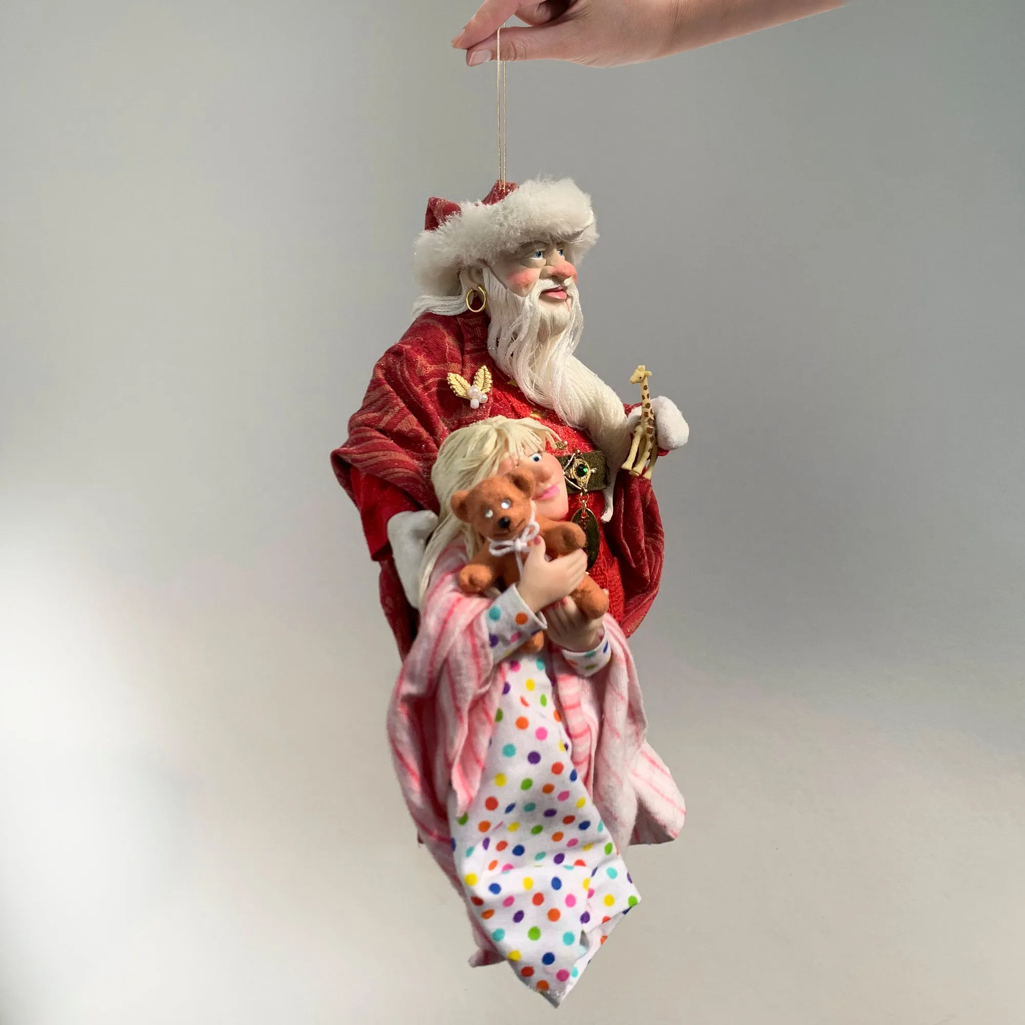 Santa Claus - Gifts for children- Hanging tree ornament - Handcrafted - Collectable Christmas Art - stuffed teddy bear - toy animals -