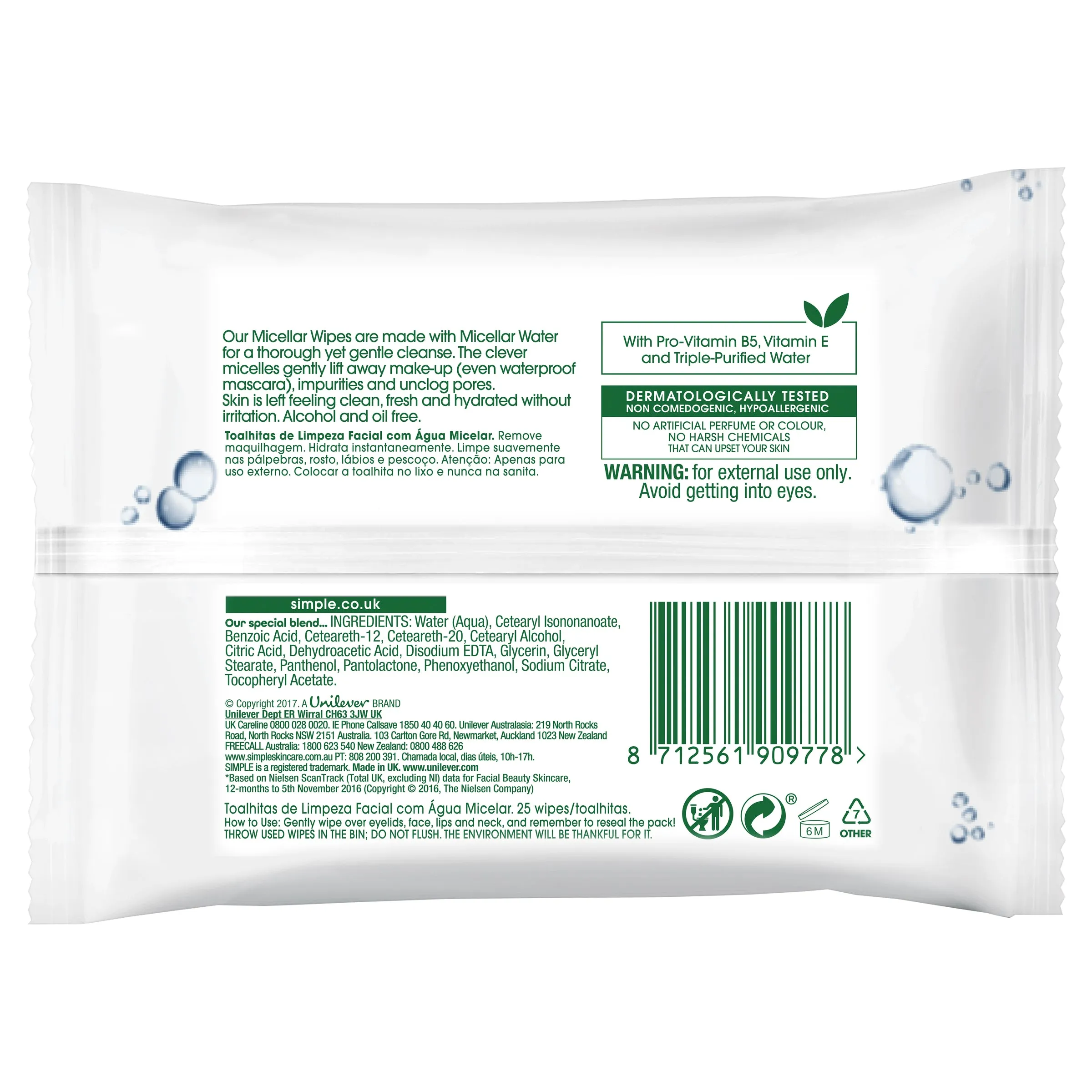 Simple Kind to Skin Facial Wipes Micellar 25 Pack