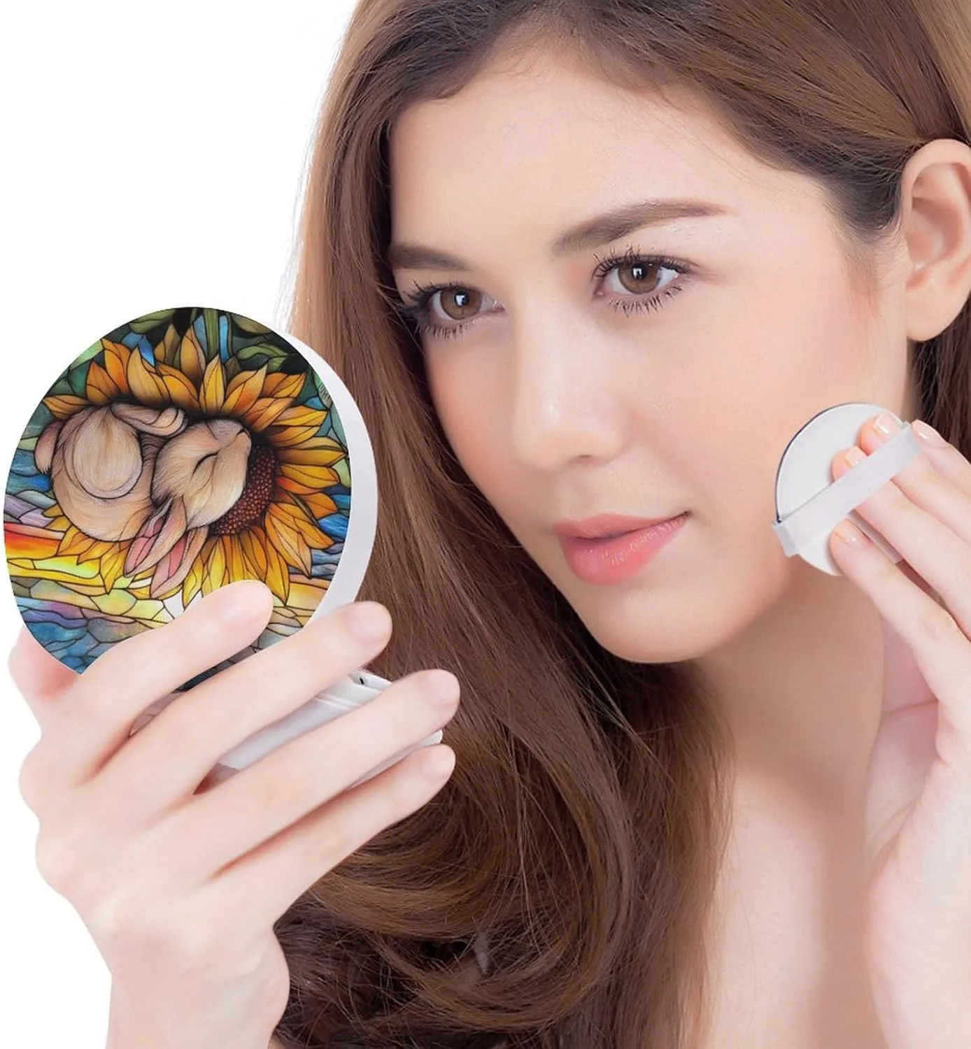 Stained Glass Little Bunny Sleeping on Sunflower Air Cushion Puff Box Portable Cosmetic Makeup Case Container, Loose Powder Foundation Container