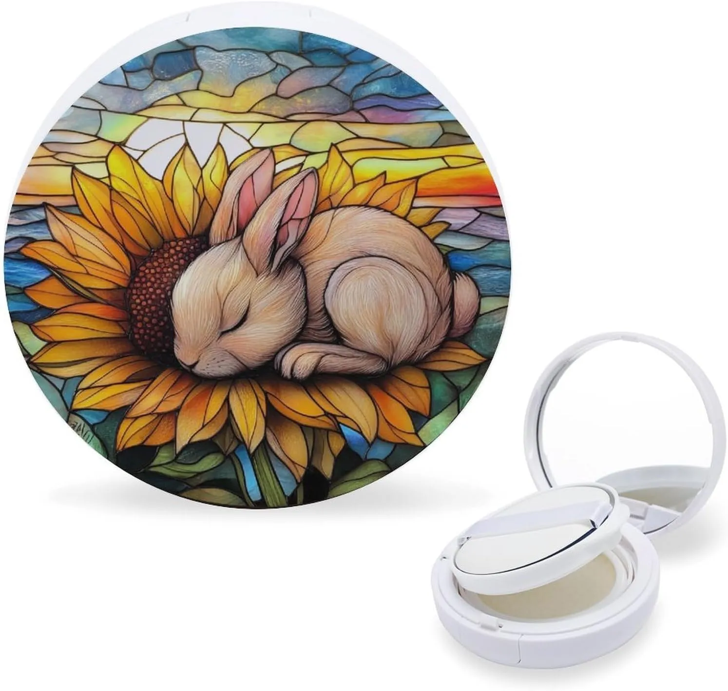 Stained Glass Little Bunny Sleeping on Sunflower Air Cushion Puff Box Portable Cosmetic Makeup Case Container, Loose Powder Foundation Container