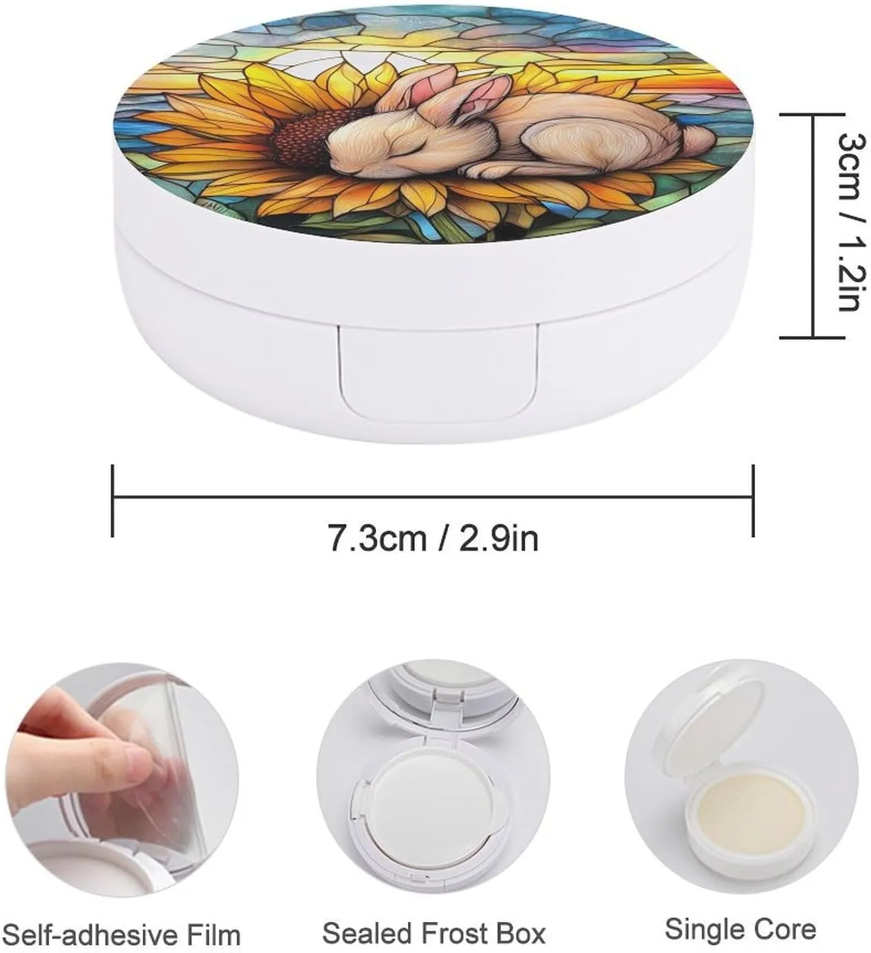 Stained Glass Little Bunny Sleeping on Sunflower Air Cushion Puff Box Portable Cosmetic Makeup Case Container, Loose Powder Foundation Container