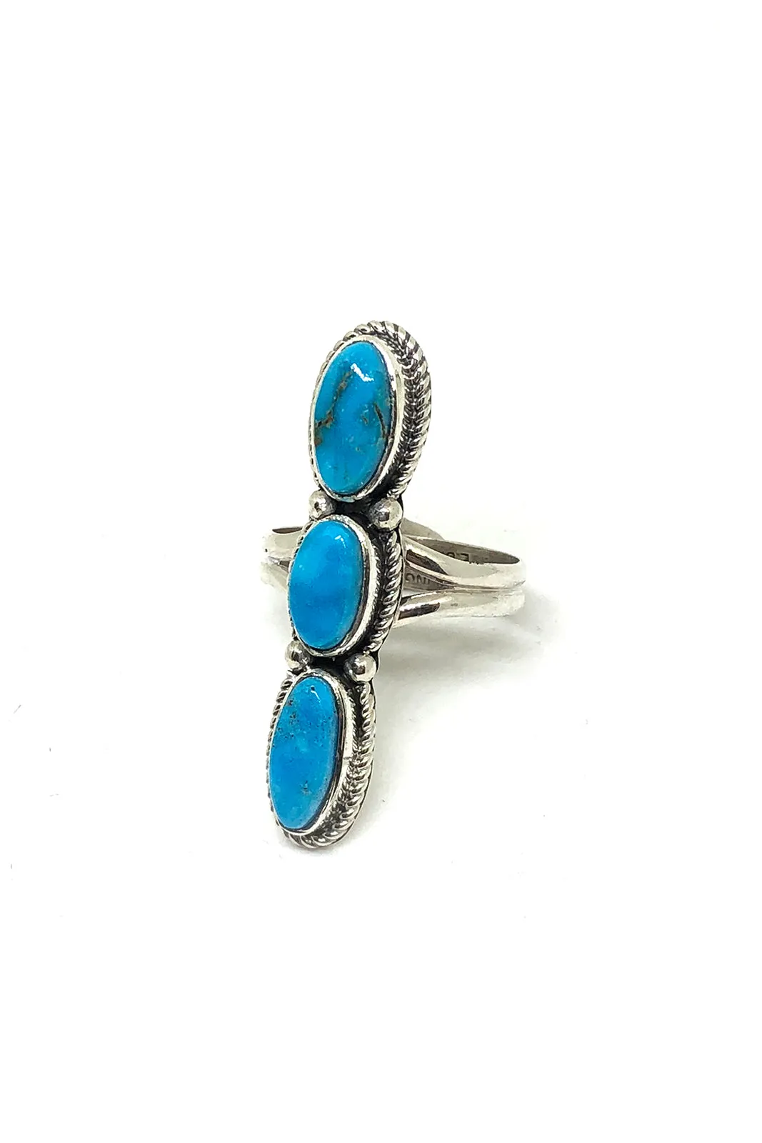 Triple Stone Long Blue Turquoise Ring (size 9)