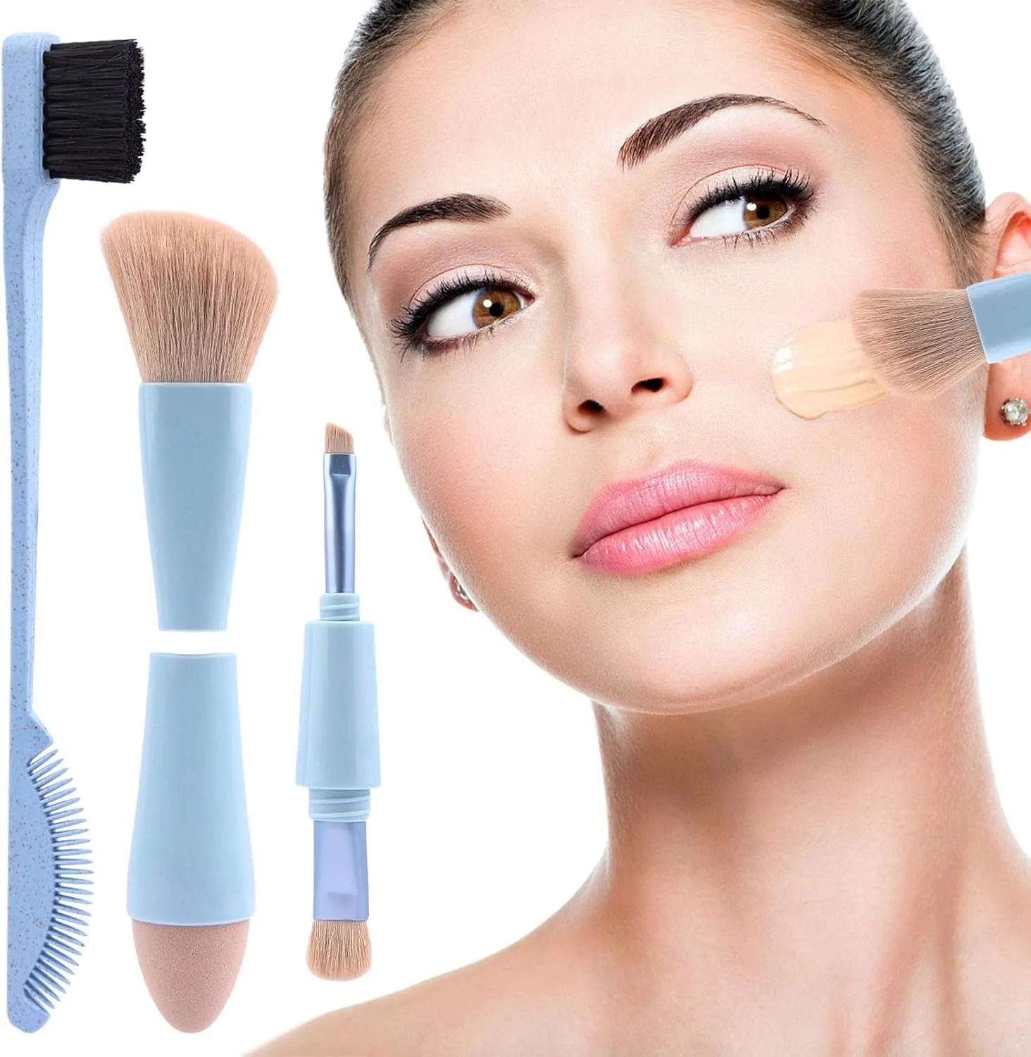 UXELY 4 in 1 Makeup Brush Multitasker Portable Makeup Brush Set,Double Head Travel Makeup Brush with Eyebrow Brush for Foundation,Concealer,Eyebrow,Eyeshadow,Blush,Contour (Blue)