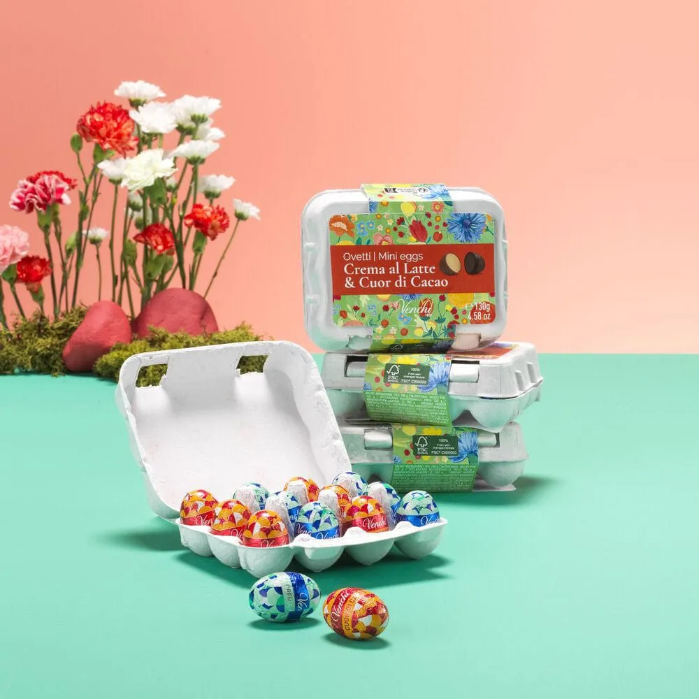 Venchi Egg holder with milk and dark chocolate mini chocolate eggs