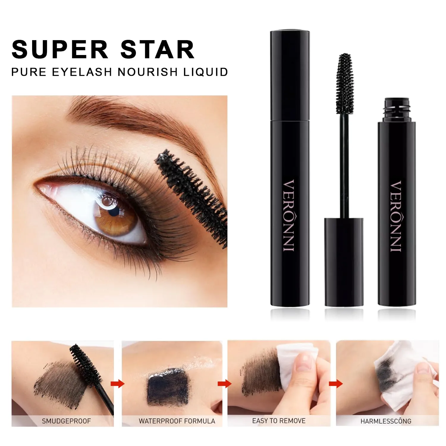 VERONNI Black Waterproof Mascara,CurlingThick Lengthening Eyelash Mascara,Lifts and Extends Lash Length,Clump Resistant,Non-Smudge Eyelash Colorful Extension Curl Mascara Makeup (01-Black)