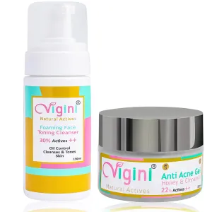 Vigini 22% Actives Anti Acne Oil Control Face Gel 50g & 30% Actives Foaming Toning Cleansing Wash 150ml