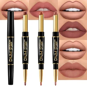 Waterproof Dual-Ended Chestnut Nude Brown Matte Lip Liner & Lipstick Set - 3 Pcs for Long-Lasting Wear