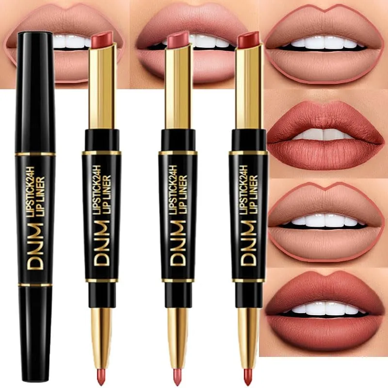 Waterproof Dual-Ended Chestnut Nude Brown Matte Lip Liner & Lipstick Set - 3 Pcs for Long-Lasting Wear