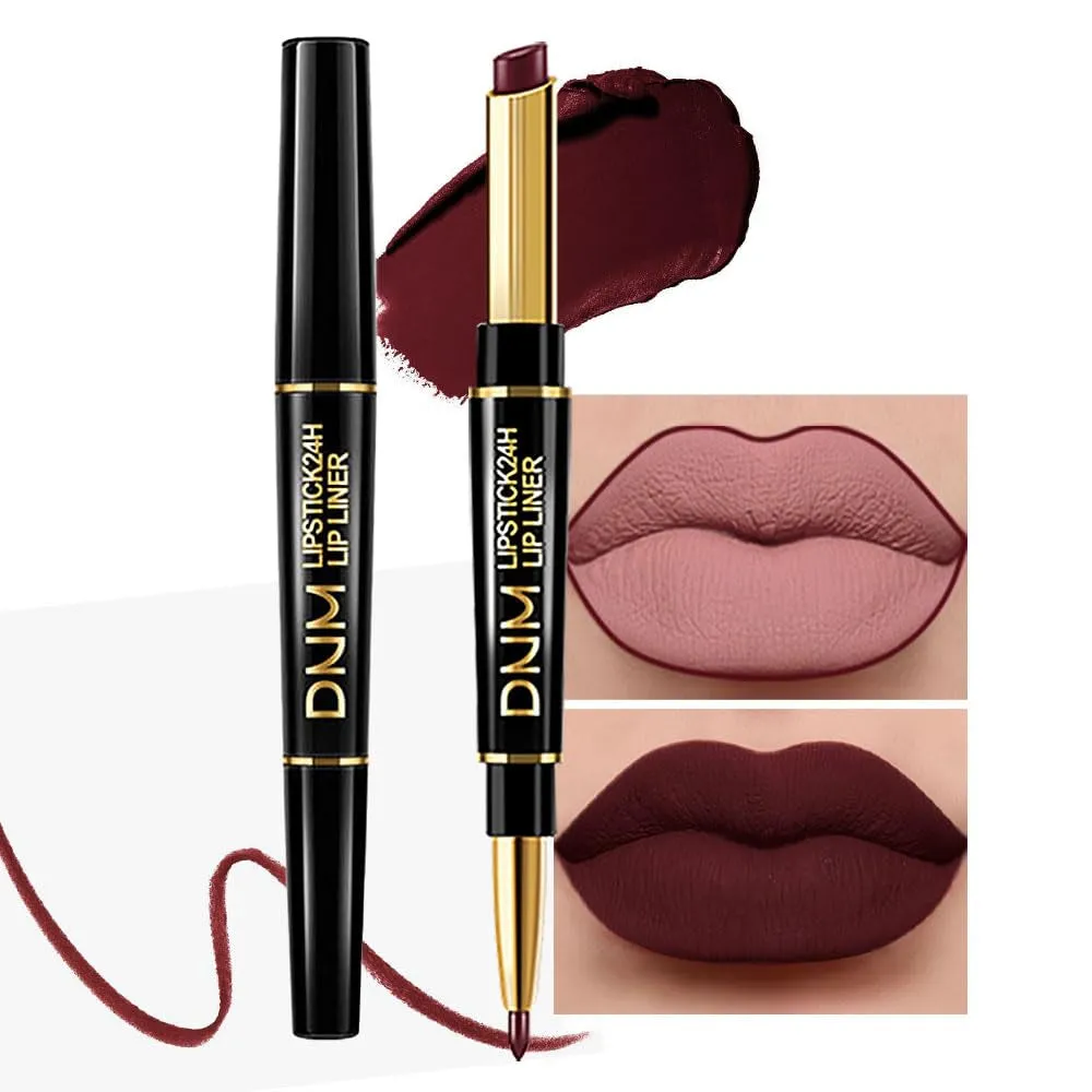 Waterproof Dual-Ended Chestnut Nude Brown Matte Lip Liner & Lipstick Set - 3 Pcs for Long-Lasting Wear