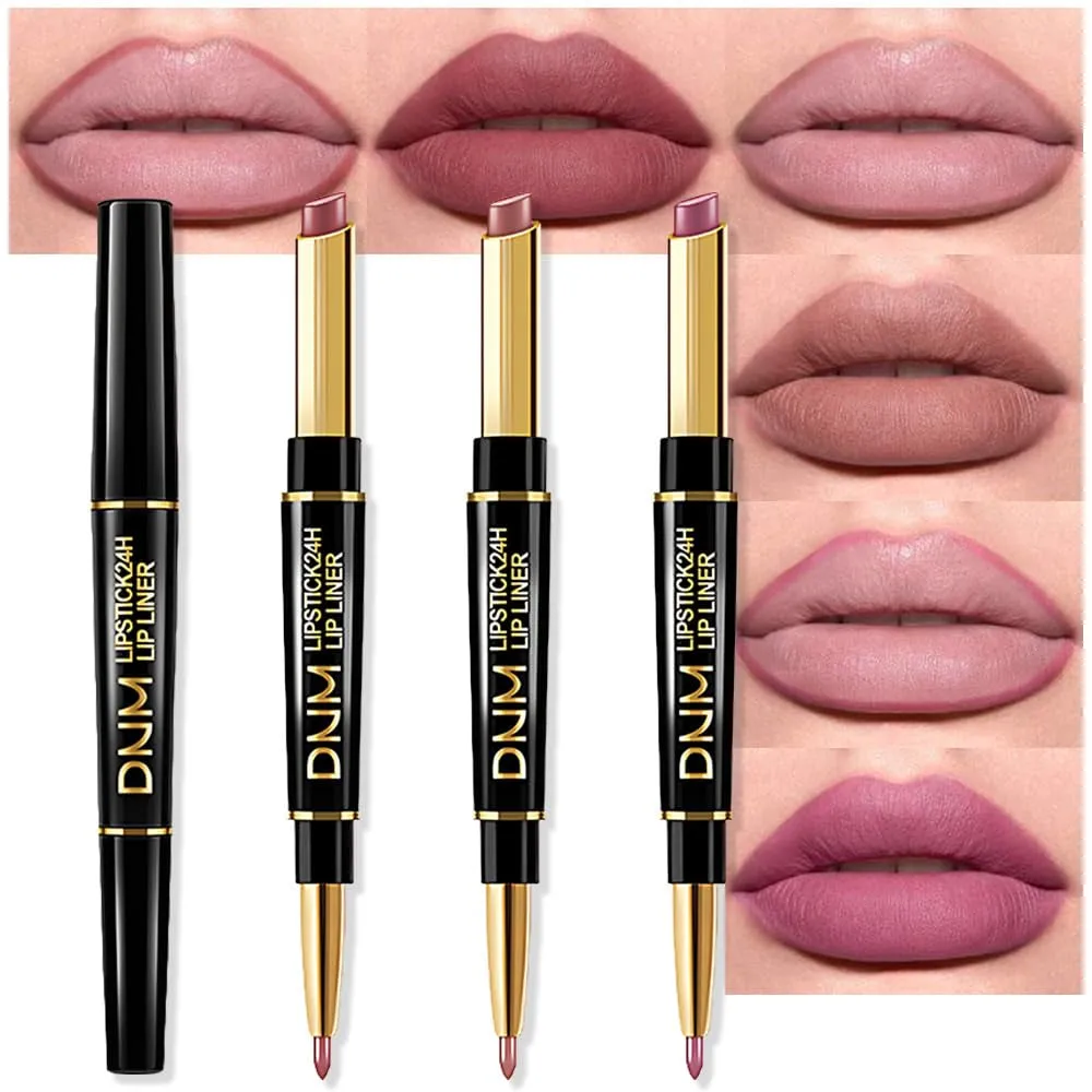 Waterproof Dual-Ended Chestnut Nude Brown Matte Lip Liner & Lipstick Set - 3 Pcs for Long-Lasting Wear