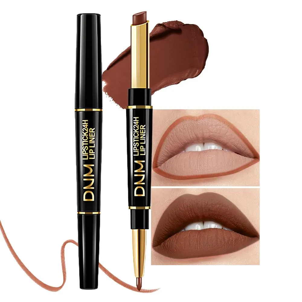 Waterproof Dual-Ended Chestnut Nude Brown Matte Lip Liner & Lipstick Set - 3 Pcs for Long-Lasting Wear