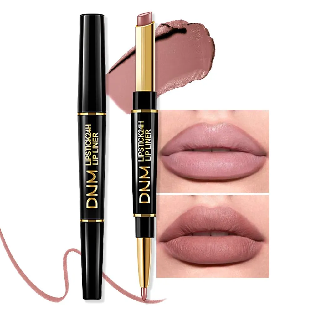 Waterproof Dual-Ended Chestnut Nude Brown Matte Lip Liner & Lipstick Set - 3 Pcs for Long-Lasting Wear