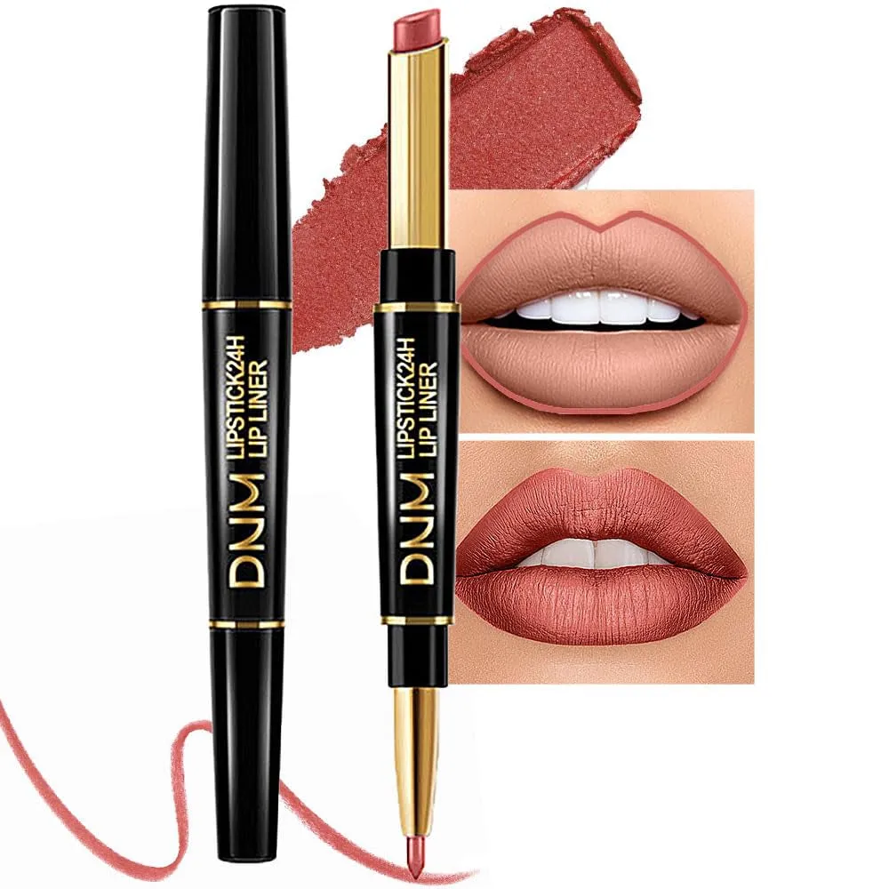 Waterproof Dual-Ended Chestnut Nude Brown Matte Lip Liner & Lipstick Set - 3 Pcs for Long-Lasting Wear