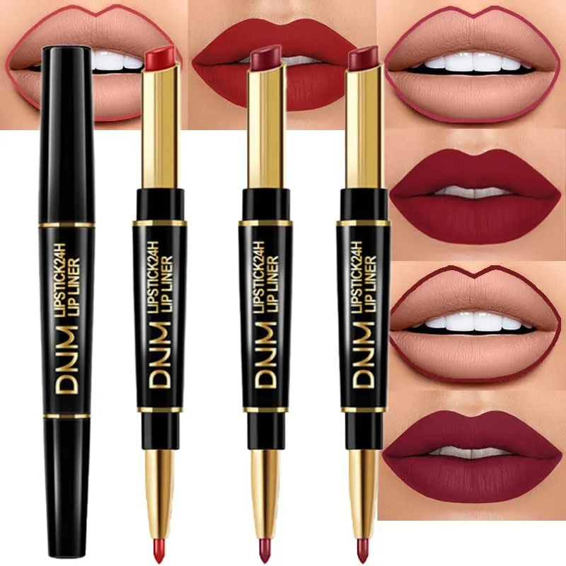 Waterproof Dual-Ended Chestnut Nude Brown Matte Lip Liner & Lipstick Set - 3 Pcs for Long-Lasting Wear