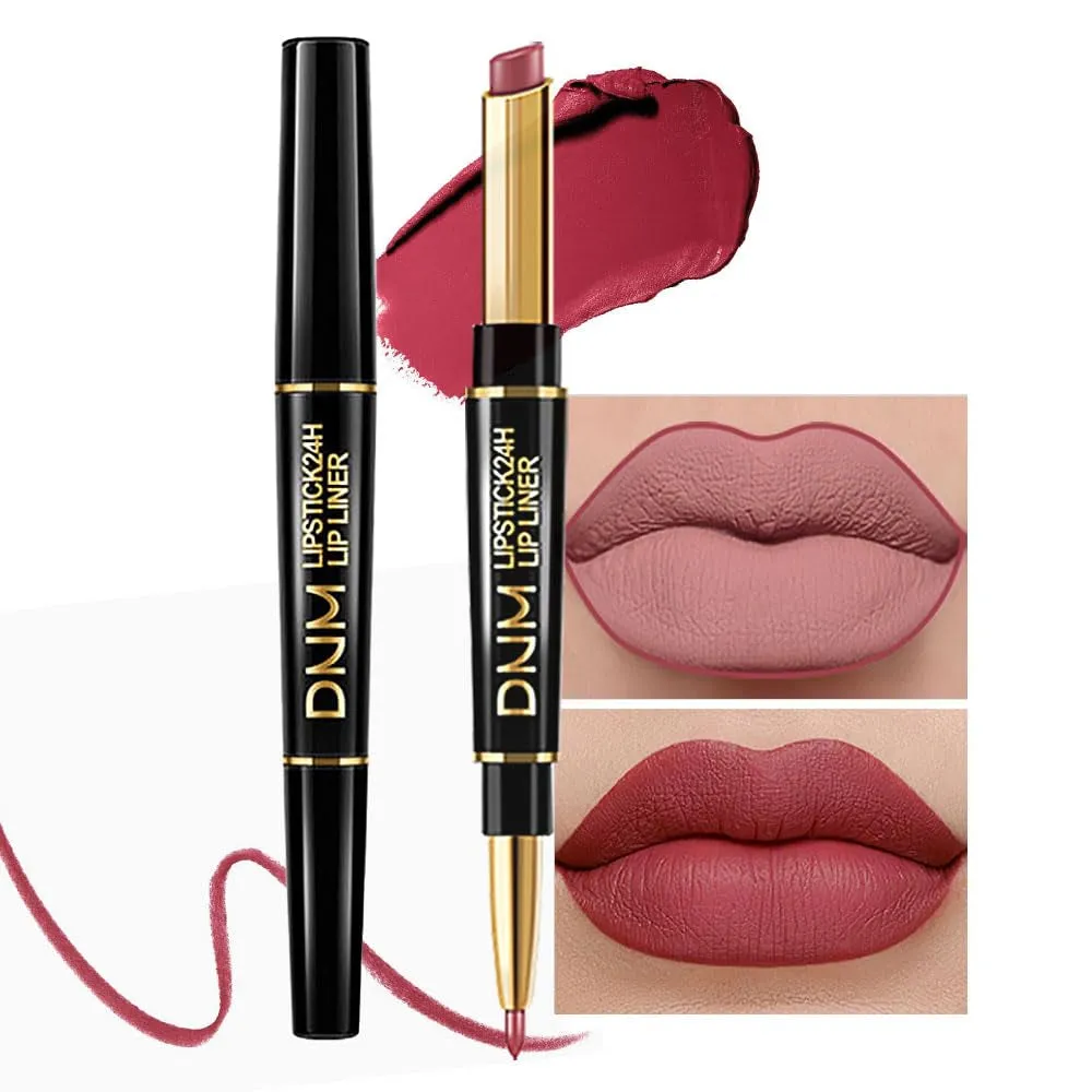 Waterproof Dual-Ended Chestnut Nude Brown Matte Lip Liner & Lipstick Set - 3 Pcs for Long-Lasting Wear
