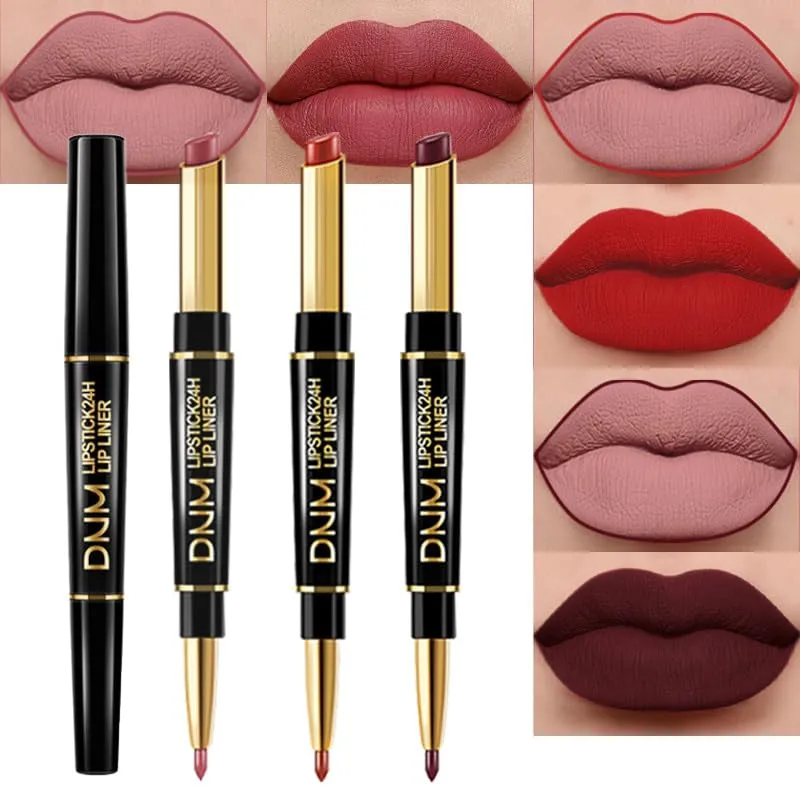Waterproof Dual-Ended Chestnut Nude Brown Matte Lip Liner & Lipstick Set - 3 Pcs for Long-Lasting Wear