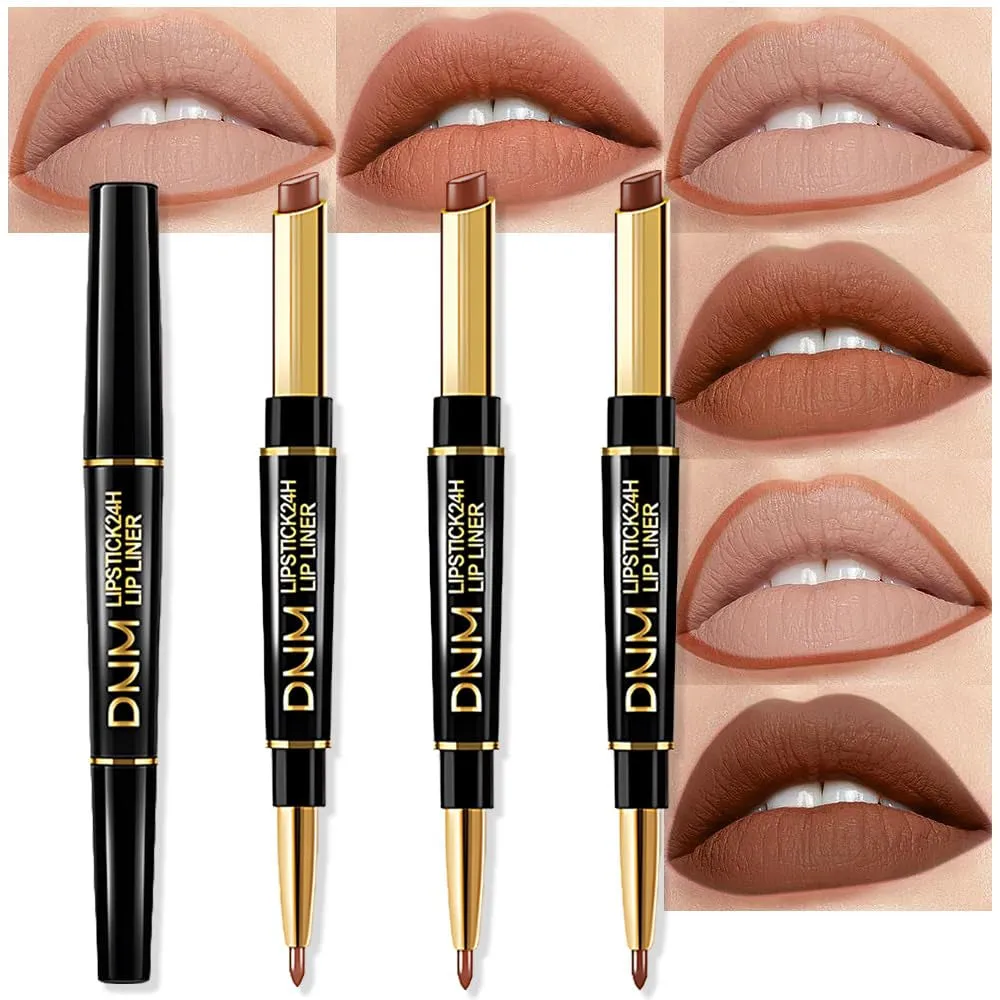 Waterproof Dual-Ended Chestnut Nude Brown Matte Lip Liner & Lipstick Set - 3 Pcs for Long-Lasting Wear