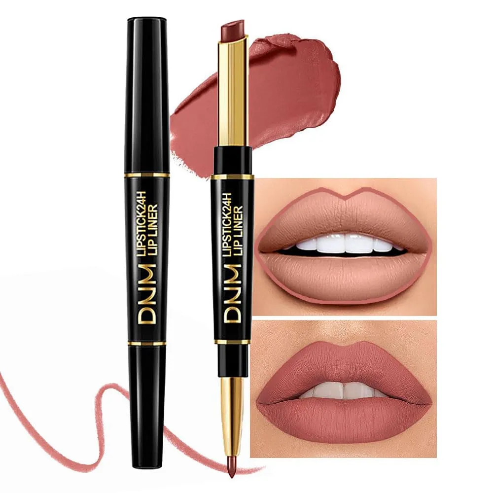 Waterproof Dual-Ended Chestnut Nude Brown Matte Lip Liner & Lipstick Set - 3 Pcs for Long-Lasting Wear