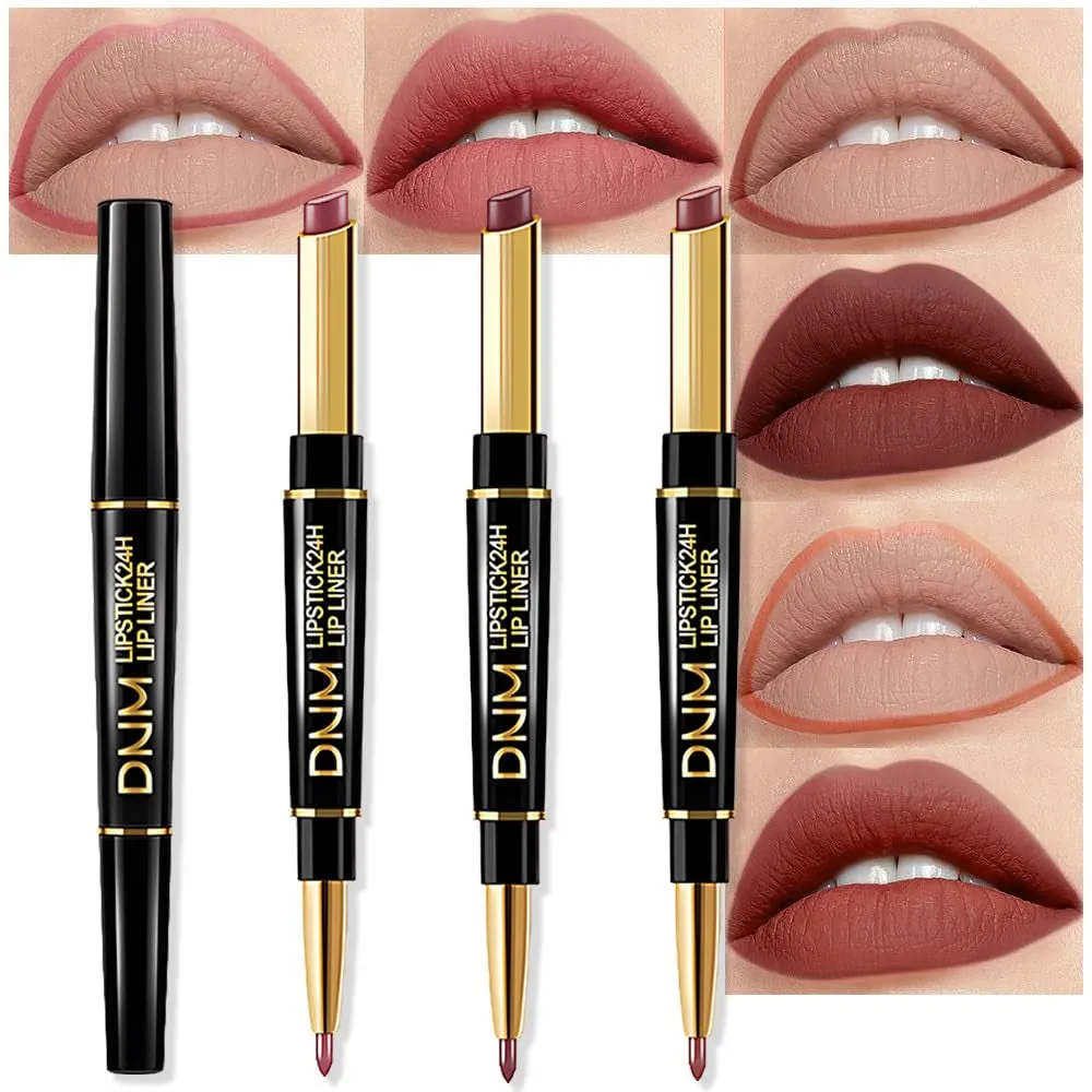 Waterproof Dual-Ended Chestnut Nude Brown Matte Lip Liner & Lipstick Set - 3 Pcs for Long-Lasting Wear