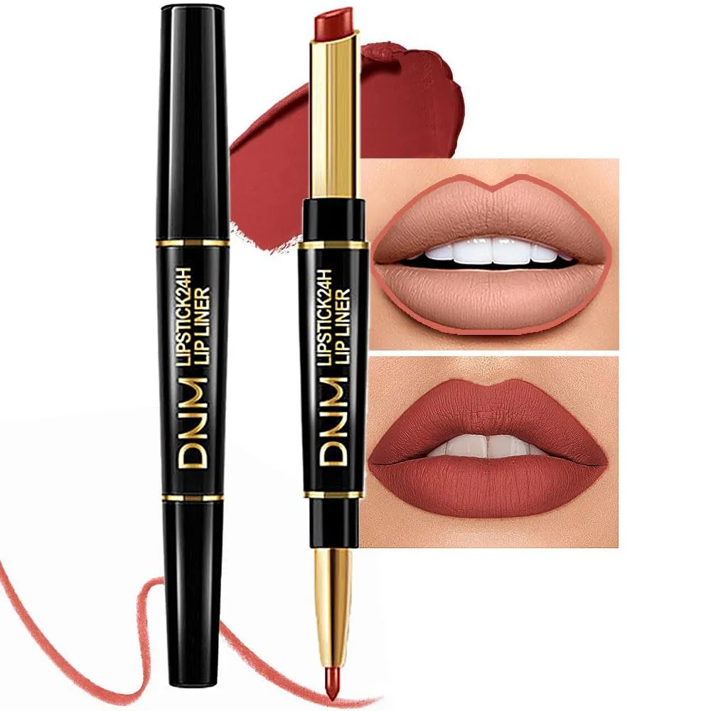 Waterproof Dual-Ended Chestnut Nude Brown Matte Lip Liner & Lipstick Set - 3 Pcs for Long-Lasting Wear