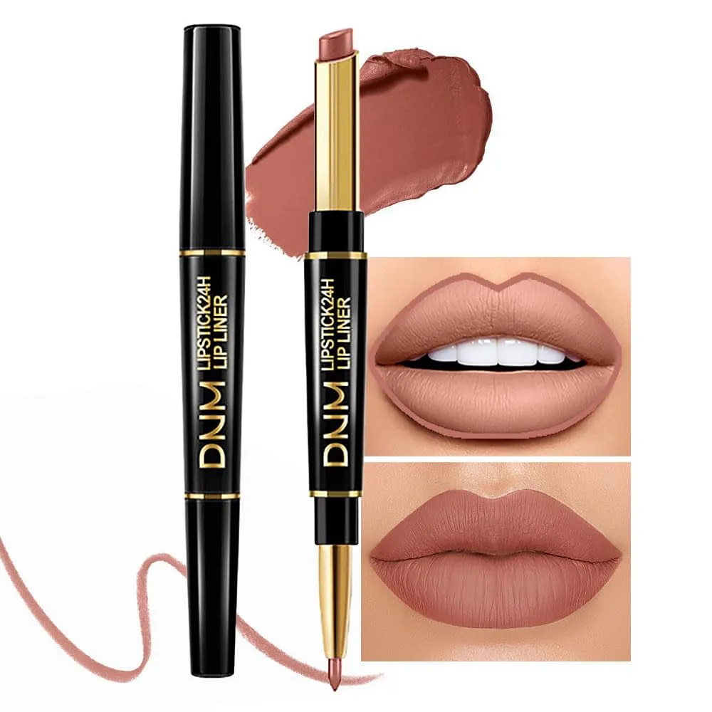 Waterproof Dual-Ended Chestnut Nude Brown Matte Lip Liner & Lipstick Set - 3 Pcs for Long-Lasting Wear