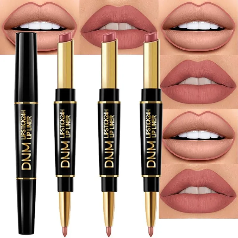 Waterproof Dual-Ended Chestnut Nude Brown Matte Lip Liner & Lipstick Set - 3 Pcs for Long-Lasting Wear