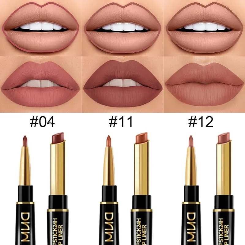 Waterproof Dual-Ended Chestnut Nude Brown Matte Lip Liner & Lipstick Set - 3 Pcs for Long-Lasting Wear