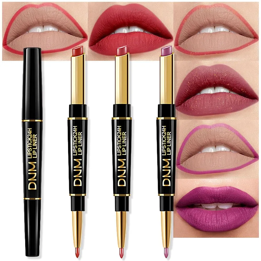 Waterproof Dual-Ended Chestnut Nude Brown Matte Lip Liner & Lipstick Set - 3 Pcs for Long-Lasting Wear