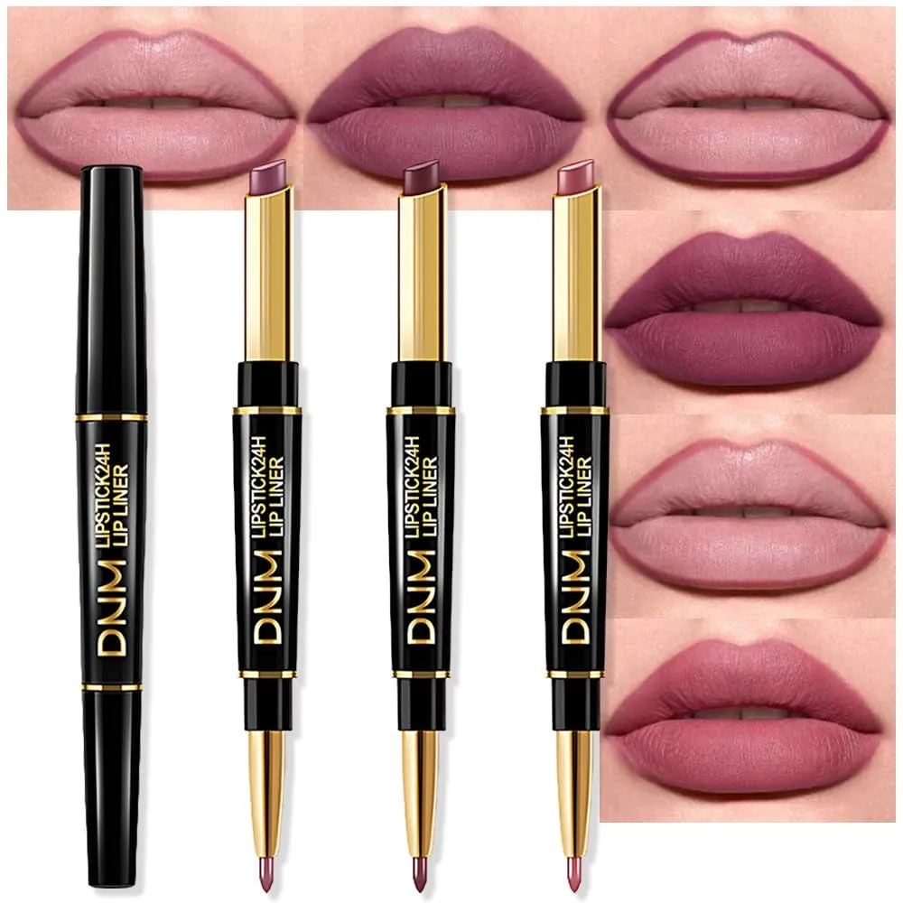 Waterproof Dual-Ended Chestnut Nude Brown Matte Lip Liner & Lipstick Set - 3 Pcs for Long-Lasting Wear