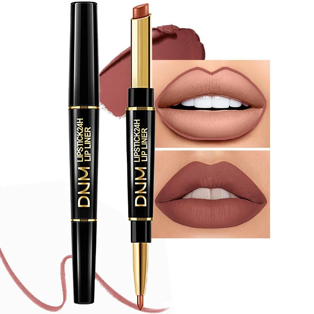 Waterproof Dual-Ended Chestnut Nude Brown Matte Lip Liner & Lipstick Set - 3 Pcs for Long-Lasting Wear