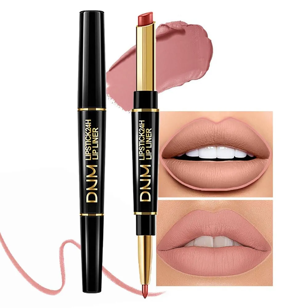 Waterproof Dual-Ended Chestnut Nude Brown Matte Lip Liner & Lipstick Set - 3 Pcs for Long-Lasting Wear