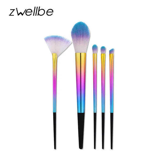 zwellbe 5/10Pcs Rainbow Makeup Brushes Set Colorful Soft Synthetic Basic Face Make Up Brushes Kit Portable Travel Makeup Brush