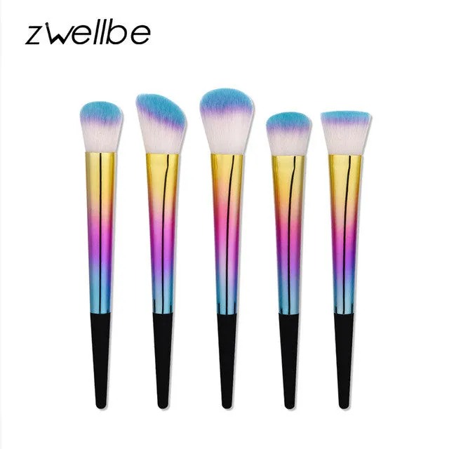 zwellbe 5/10Pcs Rainbow Makeup Brushes Set Colorful Soft Synthetic Basic Face Make Up Brushes Kit Portable Travel Makeup Brush